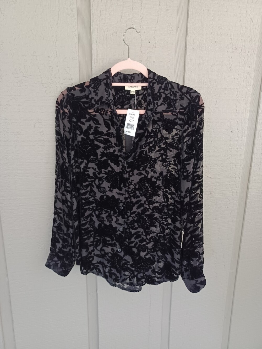 L'agence Floral Velvet Burnout Shirt XS Quiet Luxury Sheer Viscose Silk Black